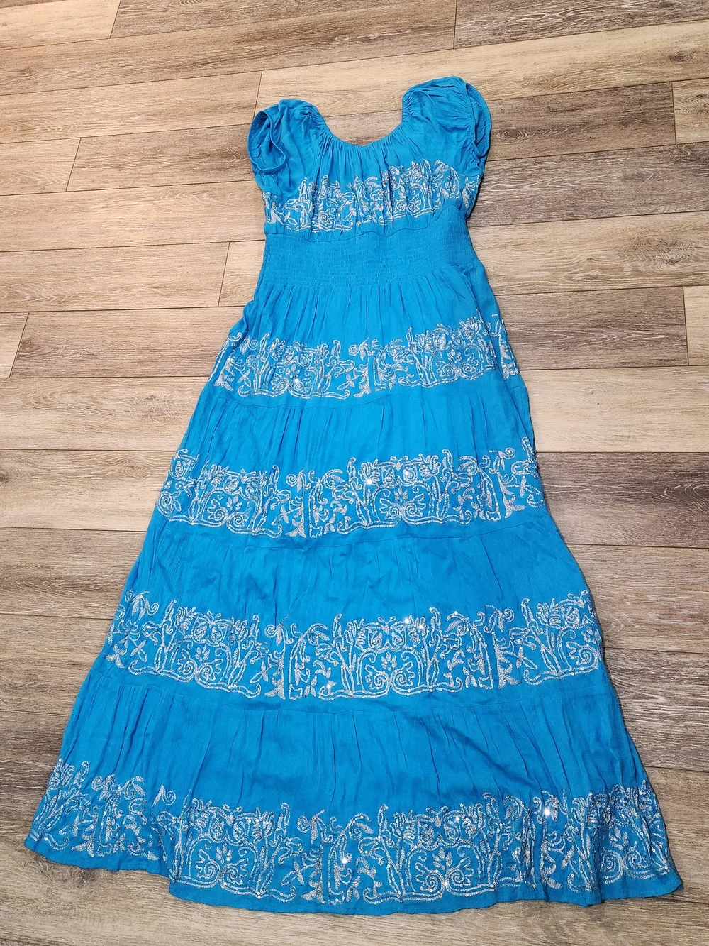 BOSTON PROPER METALLIC EMBROIDERED SEQUINS TIERED PEASANT MAXI DRESS LARGE - Picture 9 of 9